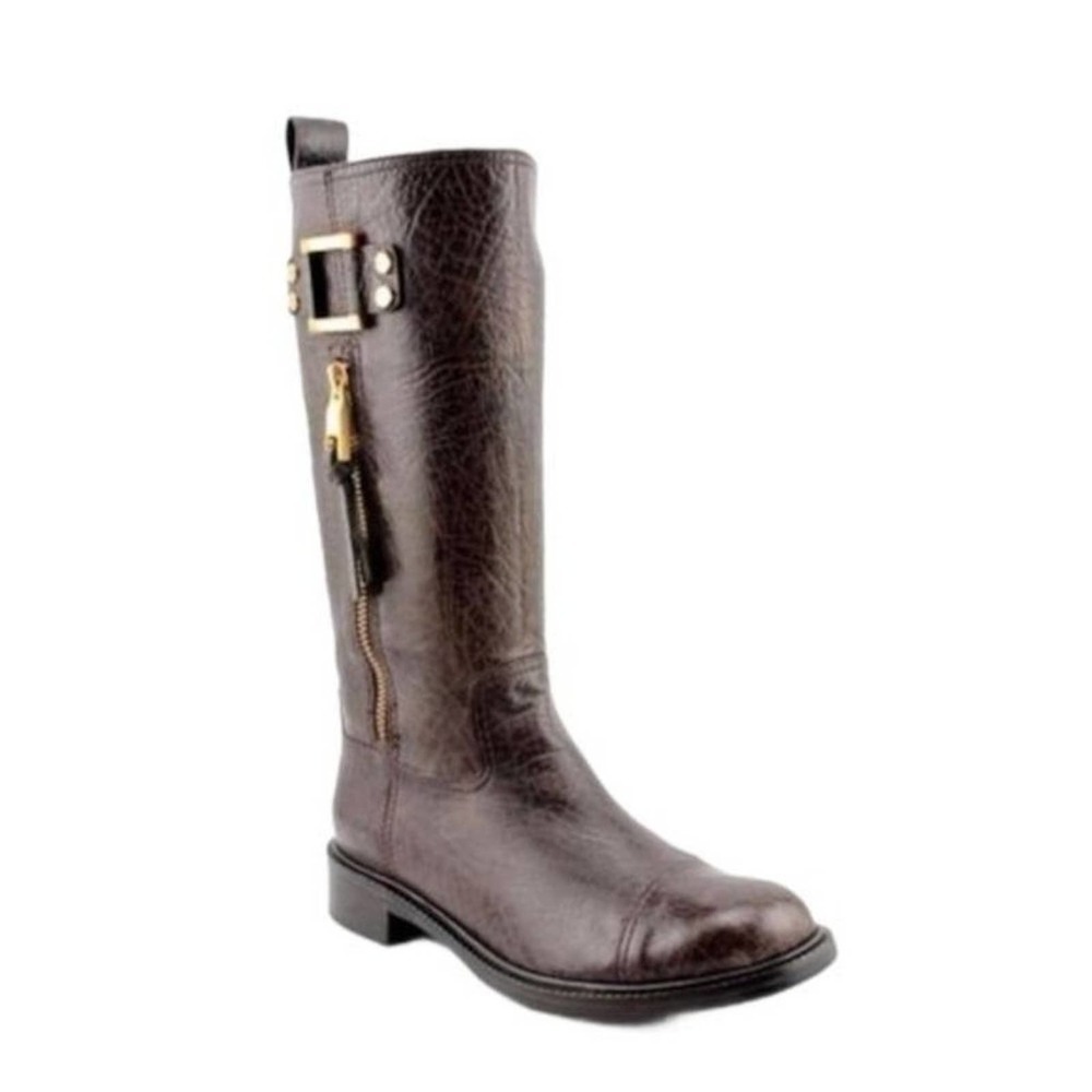 TORY BURCH Stowe Moto Brown Pebbled Leather Mid Tall Pull On Boots Size 9